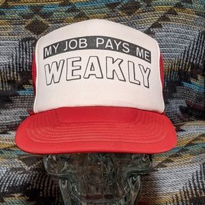 80s Humourous Novelty RED/WHT Foam Mesh Trucker Snapback. Cleaned and reshaped.